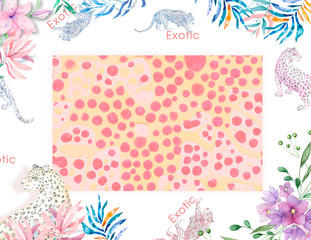 Watercolor Leopard and flowers. Tropacal leaves and plants, coral living frame with red dots horizontal square frame. Greetting, celebration, wedding, invite design card on flowers white background