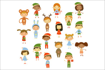 Cartoon collection of little children in different Christmas costumes. Cute boys and girls. Funny kids characters. Flat vector design for invitation or greeting card