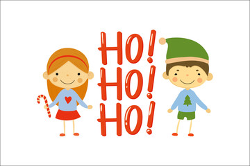 Cute little girl and boy dressed in holiday sweaters. Happy New Year and Merry Christmas. Cartoon children characters. Ho-ho-ho Flat vector design for greeting card