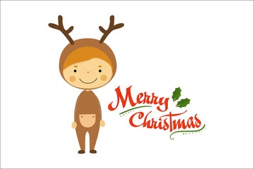 Funny little boy dressed as deer. Smiling kid in carnival costume. Merry Christmas and Happy New Year. Winter holiday. Flat vector design for greeting card