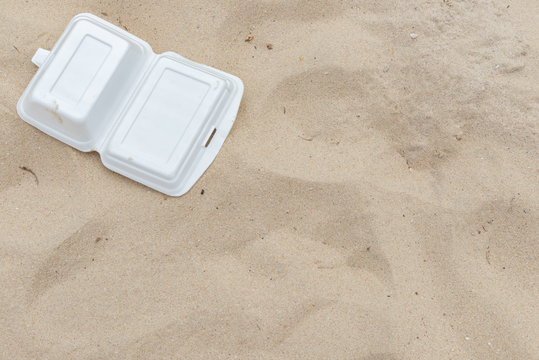 Disposable Styrofoam Package For Takeout Food On Sand