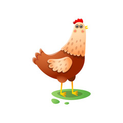 Cute kawai hen standing walking on green farmyard