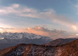 Fototapeta premium Karachay-Cherkessia mountain ranges at sunrise