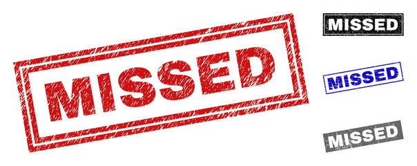 Grunge MISSED rectangle stamp seals isolated on a white background. Rectangular seals with grunge texture in red, blue, black and grey colors.