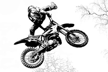 black and white silhouette of a motorcyclist doing a trick