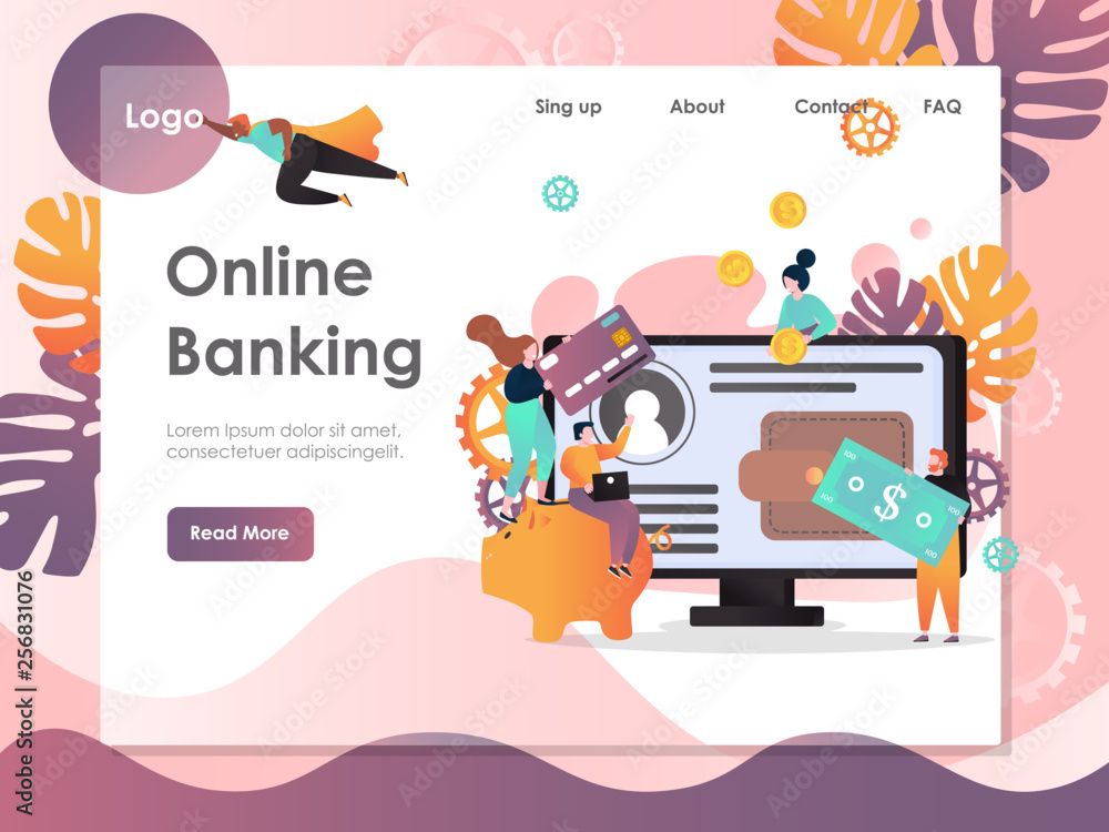 Poster online banking vector website landing page design template