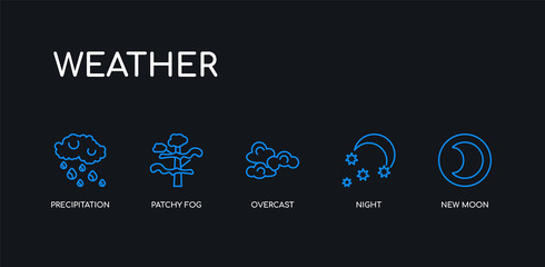 5 outline stroke blue new moon, night, overcast, patchy fog, precipitation icons from weather collection on black background. line editable linear thin icons.