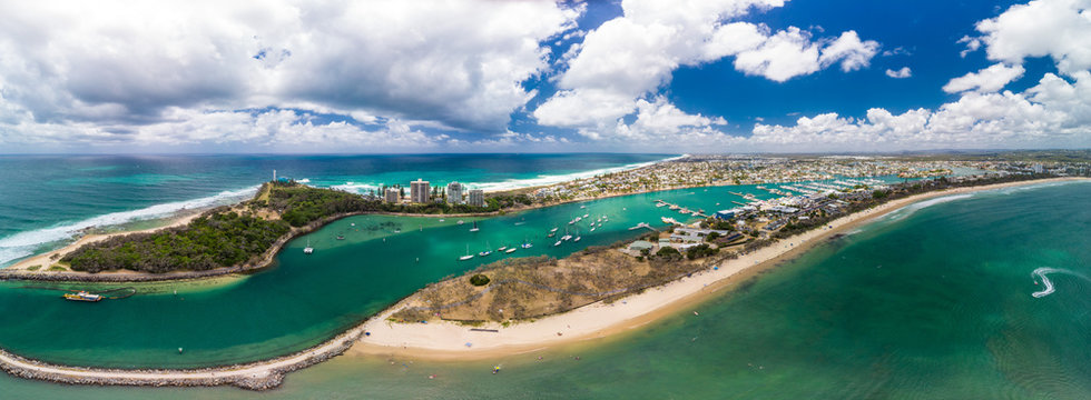Drone view of famous Mooloolaba beach and marina
