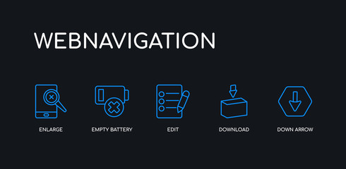 5 outline stroke blue down arrow, download, edit, empty battery, enlarge icons from webnavigation collection on black background. line editable linear thin icons.