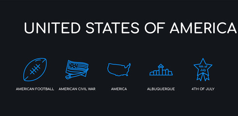 Obraz premium 5 outline stroke blue 4th of july, albuquerque, america, american civil war, american football icons from united states of america collection on black background. line editable linear thin icons.