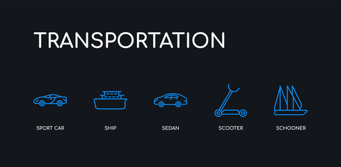 5 outline stroke blue schooner, scooter, sedan, ship, sport car icons from transportation collection on black background. line editable linear thin icons.