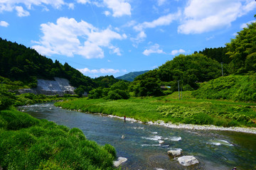 Fototapeta na wymiar 鮎釣りの名所、夏の気仙川。陸前高田　岩手　日本。７月上旬。