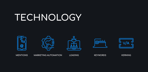 Obraz premium 5 outline stroke blue kerning, keywords, leading, marketing automation, mentions icons from technology collection on black background. line editable linear thin icons.
