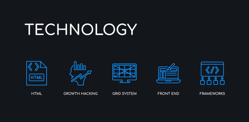 5 outline stroke blue frameworks, front end, grid system, growth hacking, html icons from technology collection on black background. line editable linear thin icons.