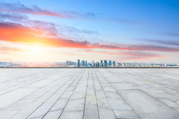 Panoramic city skyline and buildings with empty square floor in Shanghai,high angle view