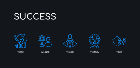 5 outline stroke blue valid, victory, vision, winner, work icons from success collection on black background. line editable linear thin icons.