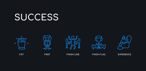 5 outline stroke blue experience, finish flag, finish line, first, fist icons from success collection on black background. line editable linear thin icons.