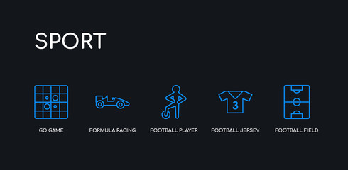 Obraz premium 5 outline stroke blue football field, football jersey, football player, formula racing, go game icons from sport collection on black background. line editable linear thin icons.