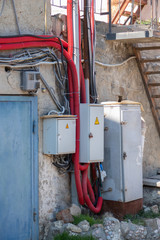 Naklejka premium Transformer vault building of electrical current. Distribution warehouse. Protective shutdown devices. Power distribution boxes of electrical current