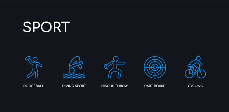 5 Outline Stroke Blue Cycling, Dart Board, Discus Throw, Diving Sport, Dodgeball Icons From Sport Collection On Black Background. Line Editable Linear Thin Icons.