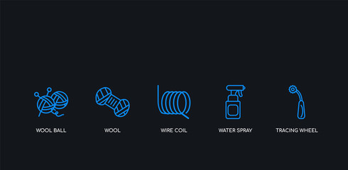 5 outline stroke blue tracing wheel, water spray, wire coil, wool, wool ball icons from sew collection on black background. line editable linear thin icons.
