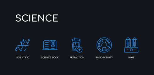 5 outline stroke blue nixie, radioactivity, refraction, science book, scientific icons from science collection on black background. line editable linear thin icons.