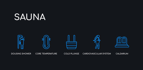 5 outline stroke blue caldarium, cardiovascular system, cold plunge, core temperature, dousing shower icons from sauna collection on black background. line editable linear thin icons.