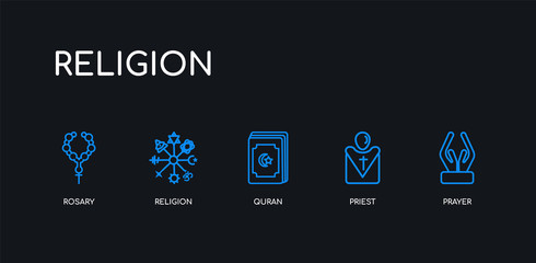 5 outline stroke blue prayer, priest, quran, religion, rosary icons from religion collection on black background. line editable linear thin icons.