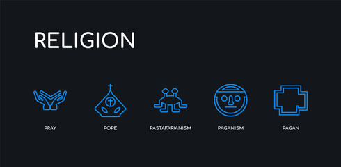 5 outline stroke blue pagan, paganism, pastafarianism, pope, pray icons from religion collection on black background. line editable linear thin icons.
