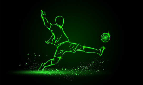Soccer striker. Football player hits the ball in the dark. Vector sport green neon illustration.