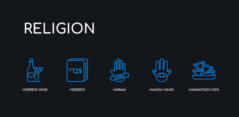 5 outline stroke blue hamantaschen, hamsa hand, haram, hebrew, hebrew wine icons from religion collection on black background. line editable linear thin icons.