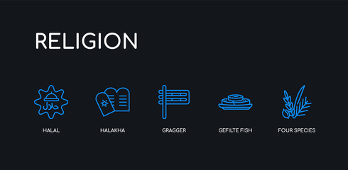 5 outline stroke blue four species, gefilte fish, gragger, halakha, halal icons from religion collection on black background. line editable linear thin icons.