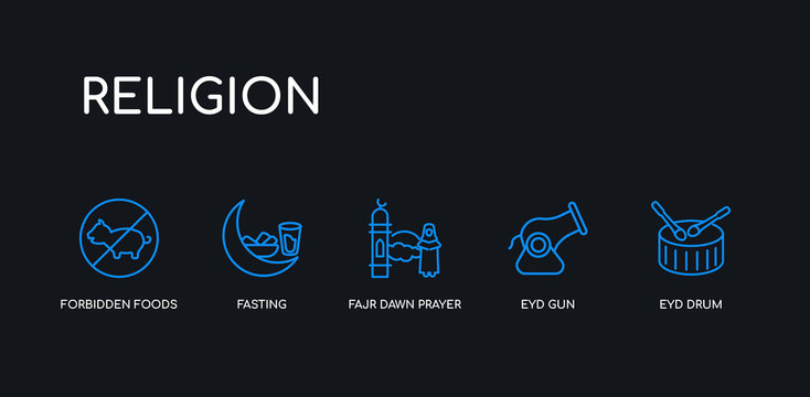 5 outline stroke blue eyd drum, eyd gun, fajr dawn prayer, fasting, forbidden foods icons from religion collection on black background. line editable linear thin icons.