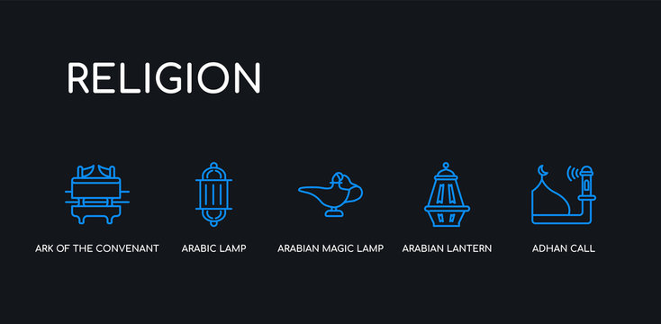 5 outline stroke blue adhan call, arabian lantern, arabian magic lamp, arabic lamp, ark of the convenant icons from religion collection on black background. line editable linear thin icons.