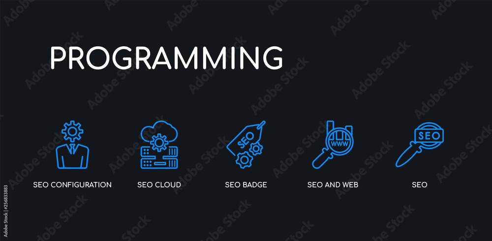 Poster 5 outline stroke blue seo, seo and web, seo badge, cloud, configuration icons from programming colle