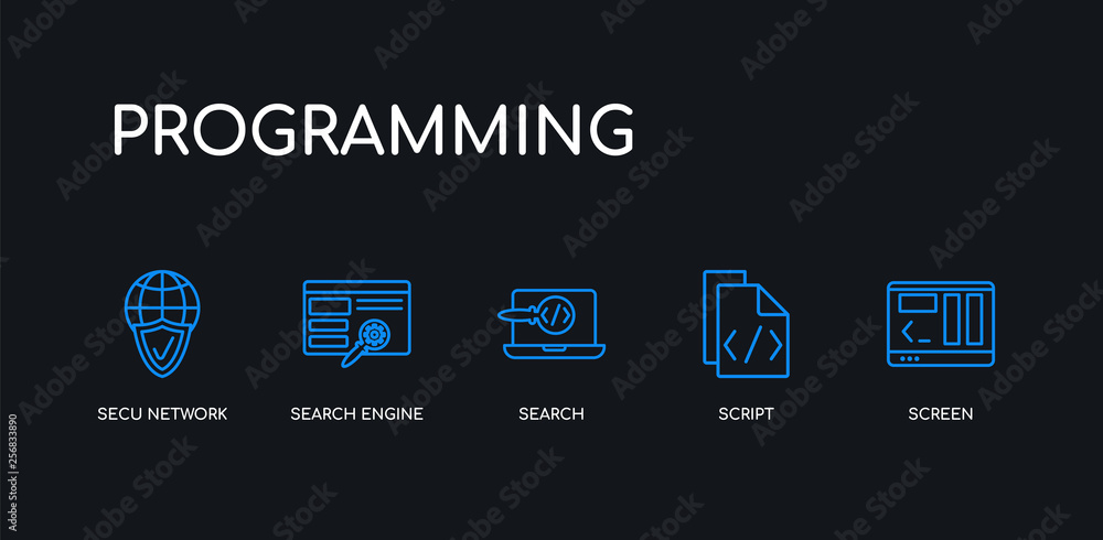 Poster 5 outline stroke blue screen, script, search, search engine, secu network icons from programming col