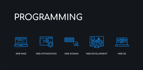 5 outline stroke blue web de, web development, web domain, optimization, page icons from programming collection on black background. line editable linear thin icons.