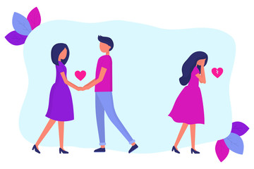 Treason, a man in a relationship with another woman. Love triangle. The girl is crying. Flat vector people.