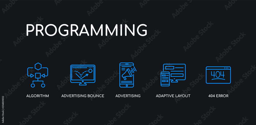 Poster 5 outline stroke blue 404 error, adaptive layout, advertising, advertising bounce, algorithm icons f