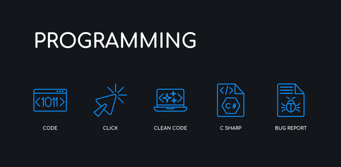 5 outline stroke blue bug report, c sharp, clean code, click, code icons from programming collection on black background. line editable linear thin icons.