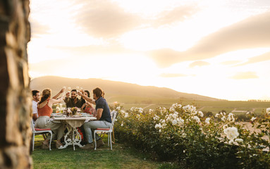 Friends toasting champagne at dinner party