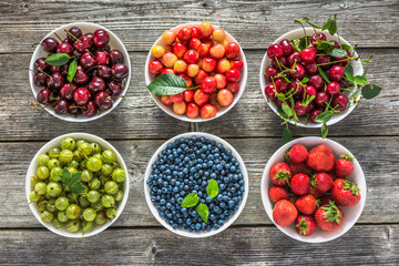 Bowls with berry. Fresh assortment of berries, variety of fruits in a bowls. Cherry, red strawberry, blueberry and currant.