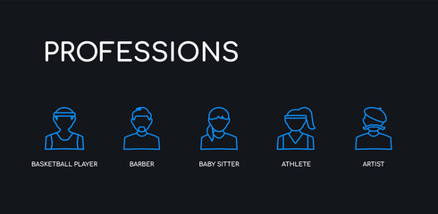 5 outline stroke blue artist, athlete, baby sitter, barber, basketball player icons from professions collection on black background. line editable linear thin icons.