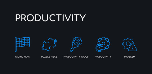 5 outline stroke blue problem, productivity, productivity tools, puzzle piece, racing flag icons from productivity collection on black background. line editable linear thin icons.