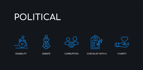 5 outline stroke blue charity, checklist with a pencil, corruption, debate, disability icons from political collection on black background. line editable linear thin icons.