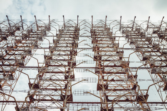 Duga - Soviet over-the-horizon OTH radar system. Duga-3 Russian Woodpecker - antenna complex, military object of USSR ABM. Chernobyl Exclusion Zone, Pripyat, Ukraine
