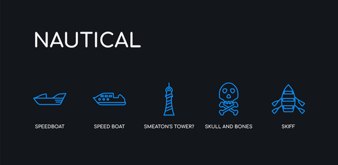 5 outline stroke blue skiff, skull and bones, smeaton's tower?, speed boat, speedboat icons from nautical collection on black background. line editable linear thin icons.
