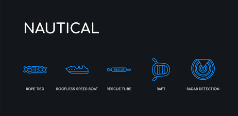 5 outline stroke blue radar detection, raft, rescue tube, roofless speed boat, rope tied icons from nautical collection on black background. line editable linear thin icons.