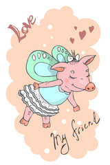 Vector illustration of a cute cartoon  piggy