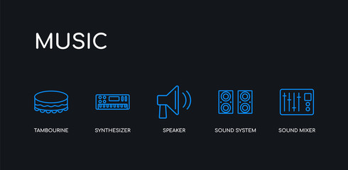 5 outline stroke blue sound mixer, sound system, speaker, synthesizer, tambourine icons from music collection on black background. line editable linear thin icons.